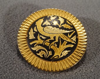 Vintage Art Deco Style Yellow Gold Tone Bird Design Jet Black Pin Brooch Jewelry    K
