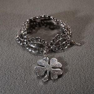 Vintage Art Deco Style Silver Tone Charm Four Leaf Clover Dangle Line Link Bracelet Jewelry   K#5