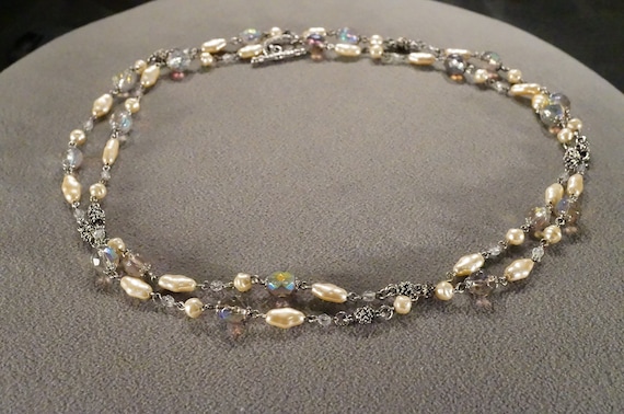 Vintage Art Deco Style Silver Tone Glass Beads Fa… - image 1