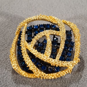 Vintage Art Deco Style Yellow Gold Tone Blue Rhinestones Pin Brooch Jewelry    K