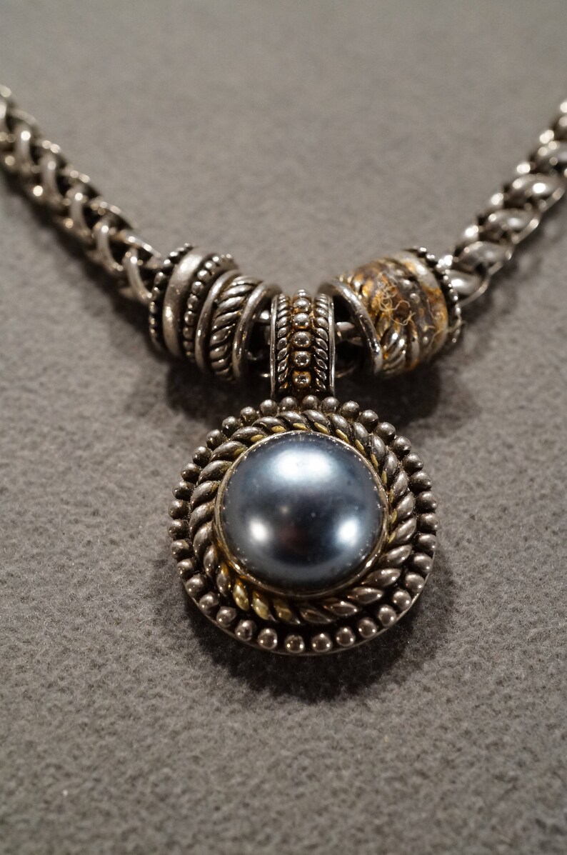 Vintage Art Nouveau Silver Tone Faux Blue Pearl Pendant Dangle Adjustable Line Link Necklace Jewelry K#10