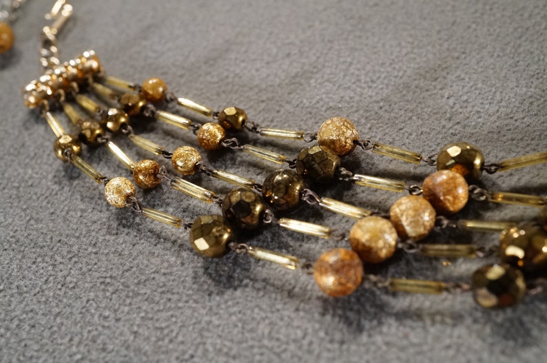 Vintage Art Deco Style Yellow Gold Tone Round Multi Strand Beaded Necklace Jewelry K#88