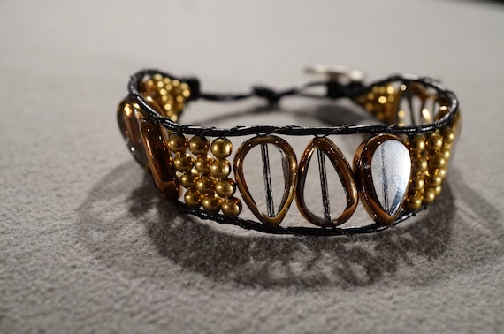 Vintage Art Deco Style Brass Glass Beads Faux Lea… - image 1