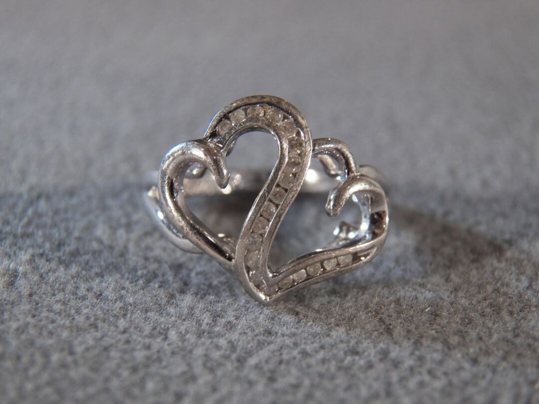 Vintage Sterling Silver 20 Round Diamond Double Heart Design Fancy