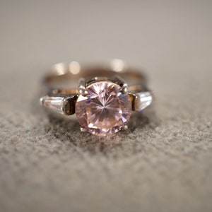Vintage Wedding Band Stacker Design Ring Sterling Silver Round Prong Set Pink Topaz Raised Relief Multi Stone Setting, Size 6 3/4 AM