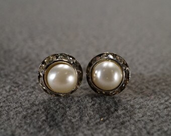 Vintage Art Deco Style Silver Tone Faux Pearl Round Stud Style Pierced Earrings Jewelry   K#56