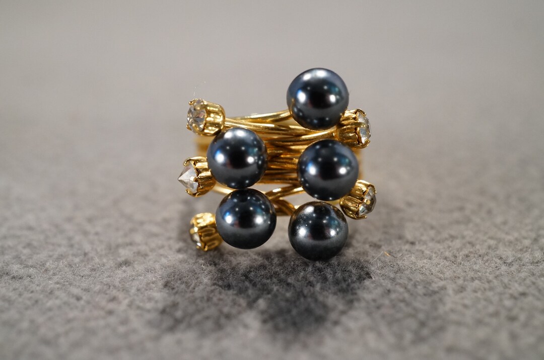 Vintage Gold Tone Statement Ring With Five Black Faux Pearls and Five