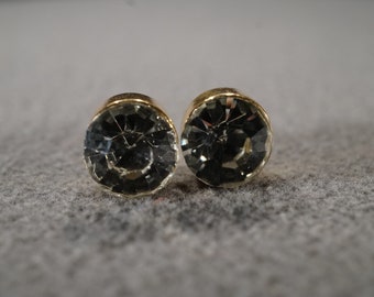 Vintage Art Deco Style Yellow Gold Tone Glass Stone Round Stud Style Dimensional Bezel Set Pierced Earrings Jewelry   K#55