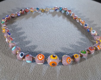 Vintage Yellow Gold Tone Italian Venetian Millefiori Murano Art Glass Multi Size Round Bead 20 &quot; Necklace