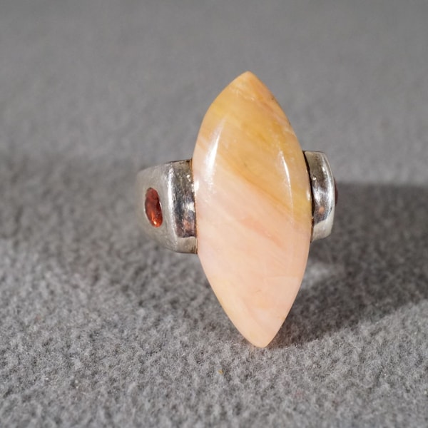 Vintage Sterling Silver Extra Large Peach Pink Striated Agate 2 Oval Inset Garnet Bold Wide Cigar Band Style Ring, Size 6