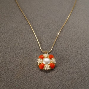 Vintage Art Deco Style Yellow Gold Tone Round Pendant Faux Pearl Dangle Necklace Jewelry   K#47