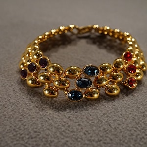 Vintage Art Deco Style Yellow Gold Tone Glass Stone Bracelet Bangle Stackable Jewelry     K#61