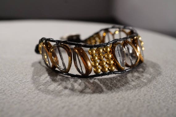 Vintage Art Deco Style Brass Glass Beads Faux Lea… - image 2
