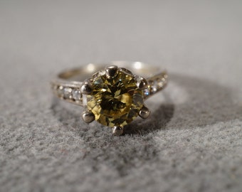 vintage sterling silver fashion solitaire ring with large round citrine set with round diamonds in the band, size 8    M11