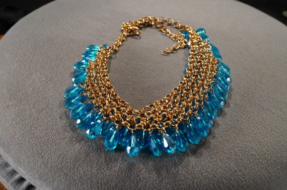 Vintage Art Deco Style Yellow Gold TOne Blue Bib … - image 5