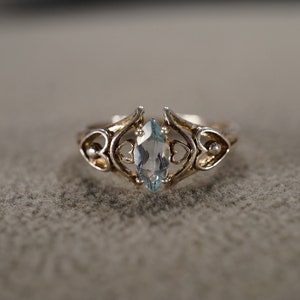 Vintage Wedding Band Stacker Design Ring Sterling Silver Marquise Prong Set Blue Topaz Raised Relief Single Stone Setting, Size 8 AM