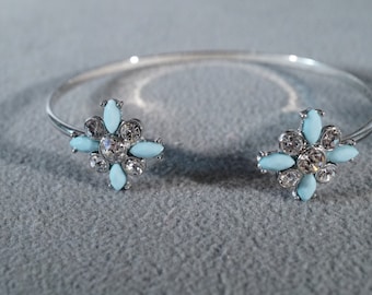 Vintage Art Deco Style Silver Tone Faux Turquoise Rhinestone Bangle Bracelet Jewelry   K