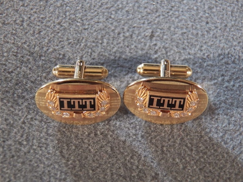 Vintage Gold Tone Stately ITT Logo Cufflinks with Rhinestones Very Nice!~~ **RL