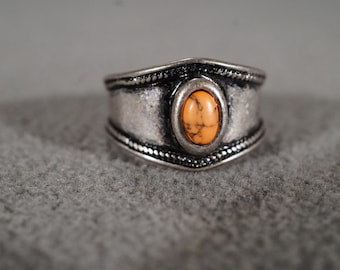 Vintage Silver Tone Striated Orange Agate Ring, Jewelry Southwestern Style Size5.5    KW135