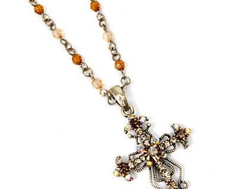 Vintage Yellow Gold Tone Bold Cross Pendant Charm Multi Shades Golden Yellow Rhinestone Glass Bead Necklace Chain