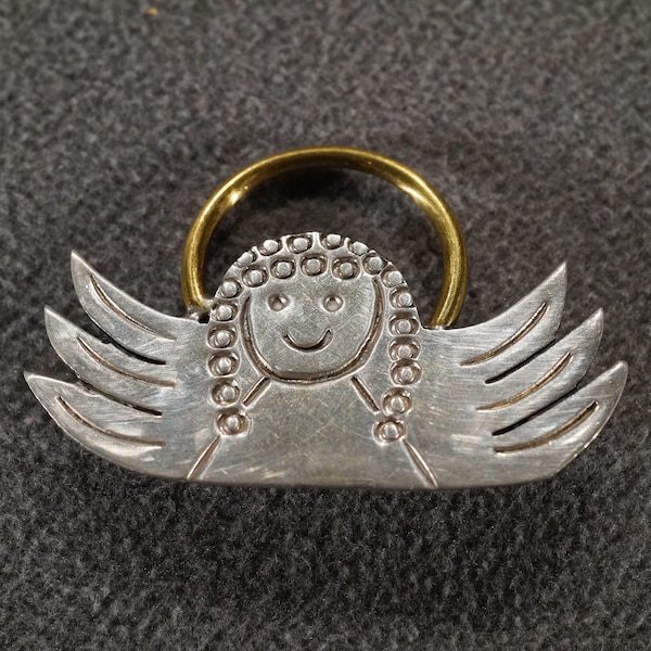 Vintage Art Deco Style Sterling Silver Genuine Brass Pin Pendant Angel Design Etched Scrolled Jewelry    K#16