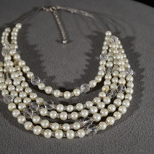 Vintage Multi Strand Faux Pearl Faceted and Silver Ring Separaters Silver Tone Claw Clasp Silver String Necklace Jewelry     KW13