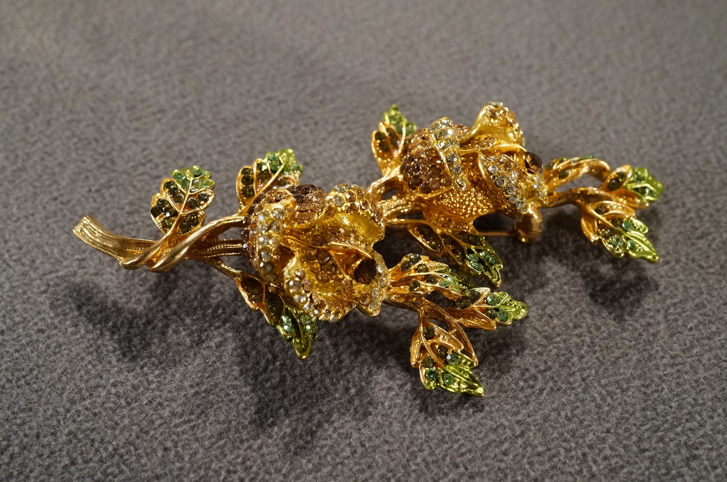 Vintage Art Deco Style Yellow Gold Tone Rhinestone Glass Stone