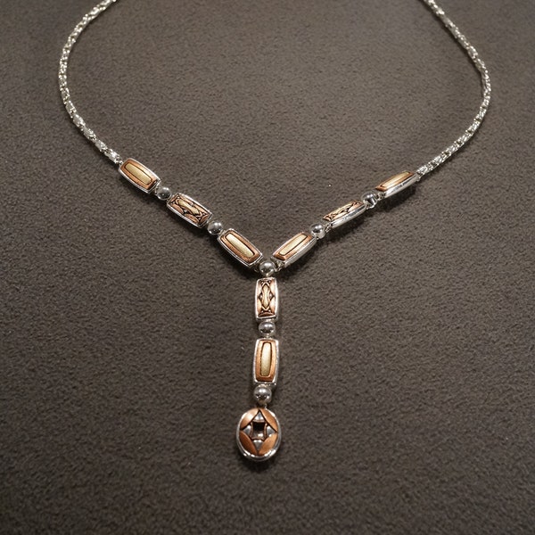 Vintage Art Deco Style Silver Tone Tri Color Metal Tassel Lariat Dangle Necklace Adjustable Jewelry    K#13