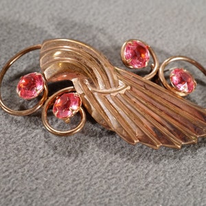 Vintage Art Deco Style Copper Faux Pink Glass Stones Round Pin Brooch Jewelry    K