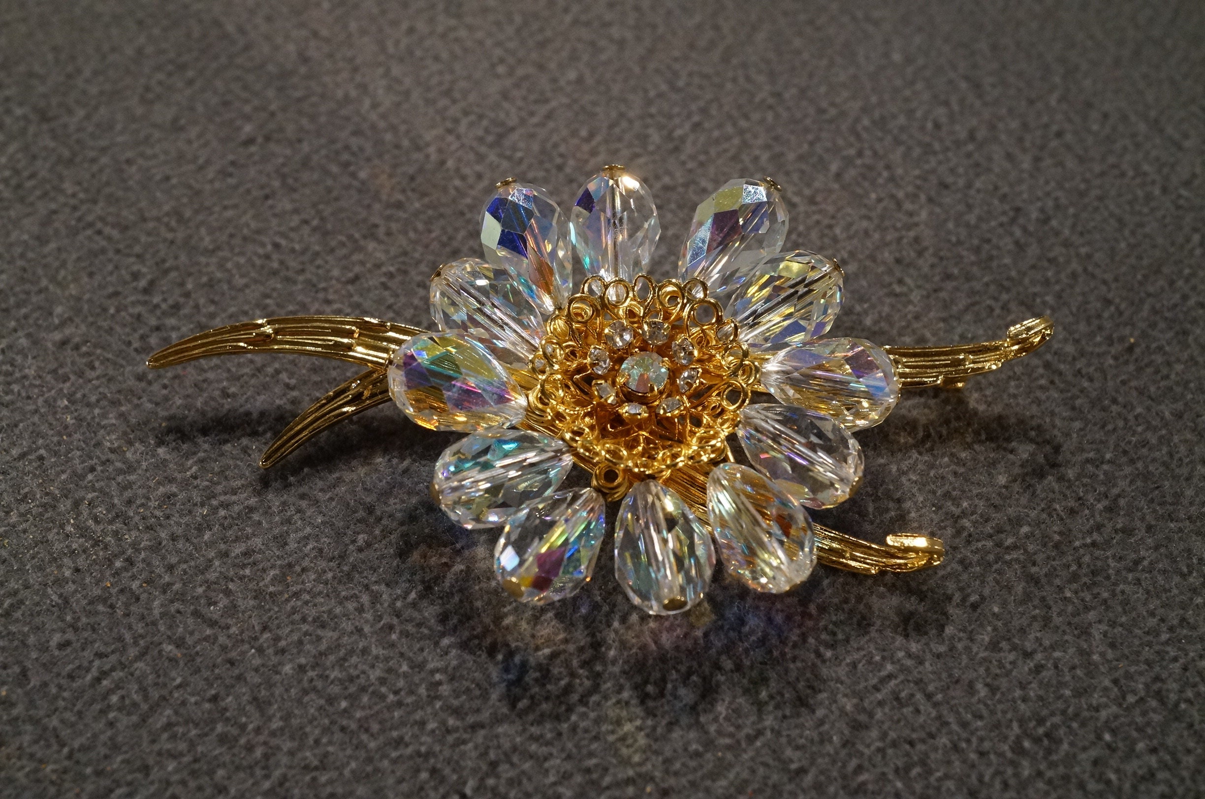 ヴィンテージ Germany ブローチ Vintage Art Deco Style Yellow Gold Tone Rhinestone Glass