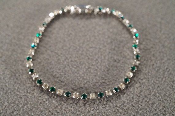 Vintage Art Deco Style Silver Tone Faux Emerald G… - image 1