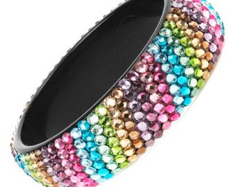 Vintage Jet Black Lucite Round Multi Colored Rhinestone Bold Wide