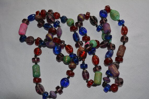 antique unique glass bead necklace with green blu… - image 4