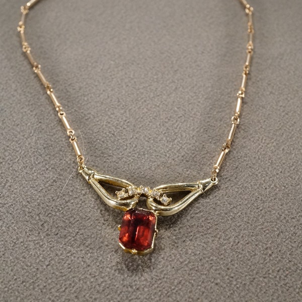 Vintage Art Deco Style Yellow Gold Tone Glass Stone Red Bib Style Rhinestone Necklace Jewelry    J#40