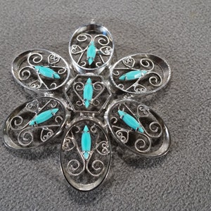 Vintage Southwestern Style Silver Tone Faux Turquoise Oval Pendant Floral Design Scrolled Jewelry   K#1