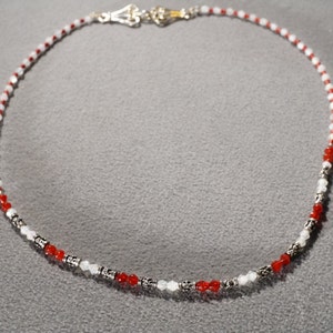 Vintage Art Deco Style Sterling Silver Glass Beads Red White Design Necklace Jewelry   K
