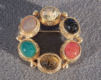 Vintage Yellow Gold Tone Fancy Carved 6 Oval Multi Gem Scarab Stone Pin Brooch    **RL