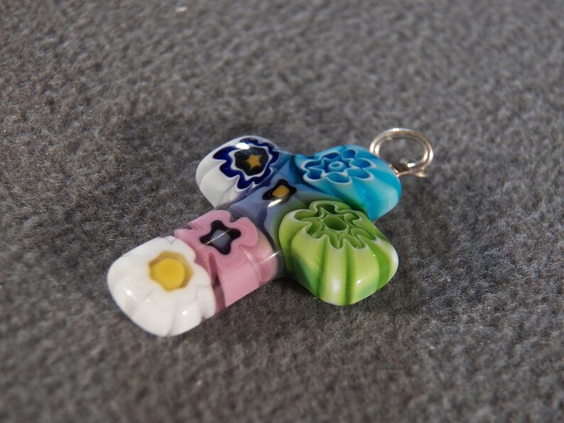 Vintage Italian Venetian Detailed Murano Millefiori Art Glass Fancy Cross Pendant Charm **RL