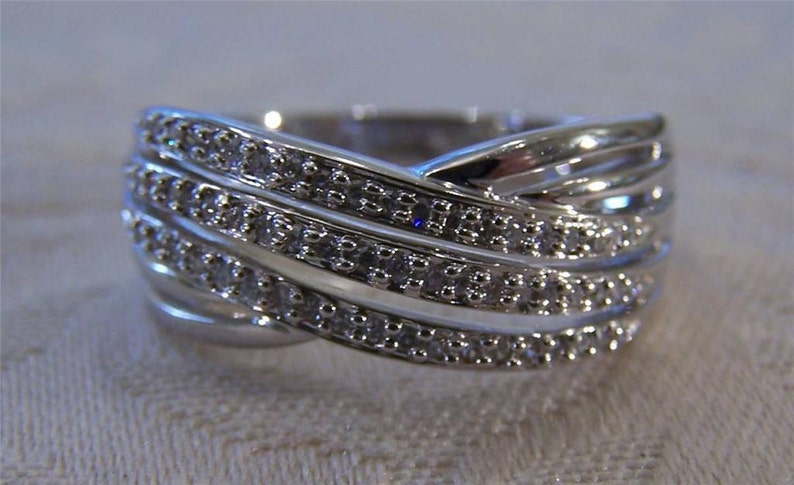 Vintage Sterling Silver 12 Carat Round Diamond Wedding Cross Over Design Band Ring Size 10