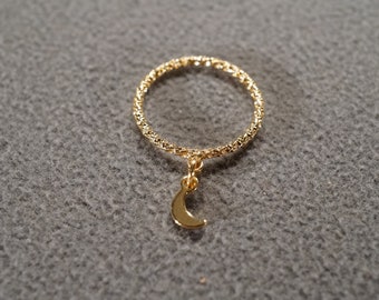 Vintage Art Deco Style Yellow Gold Tone Moon Tassel Dangle Twisted Band Size 7.5 Ring Jewelry   K