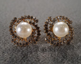 Vintage Art Deco Style Silver Tone Rhinestone Faux Pearl Glass Stone Round Stud Style Pierced Earrings Jewelry   K#44