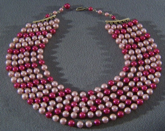 Vintage Yellow Gold tone Shades of Pink Faux Pearl Bold 6 Strand Necklace Jewelry **RL