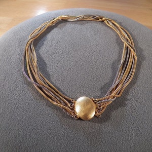 Vintage Yellow Gold Silver Tone Fancy Woven Snake Link Chain 7 Strand Necklace    **RL