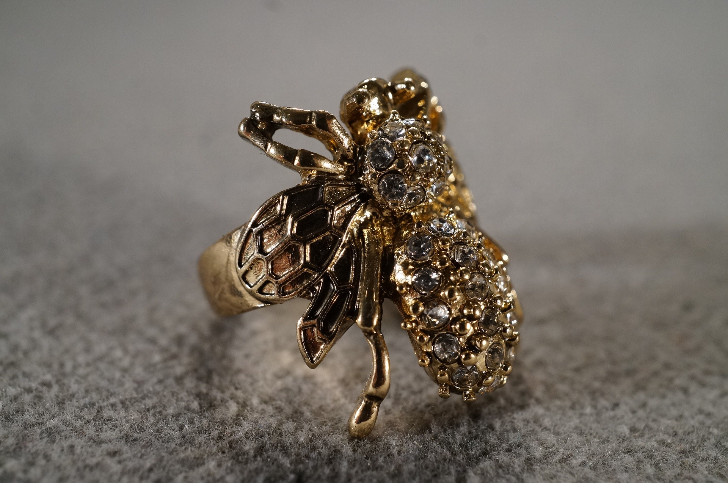 Vintage Yellow Tone Statement Ring With Huge Insect Bee Form