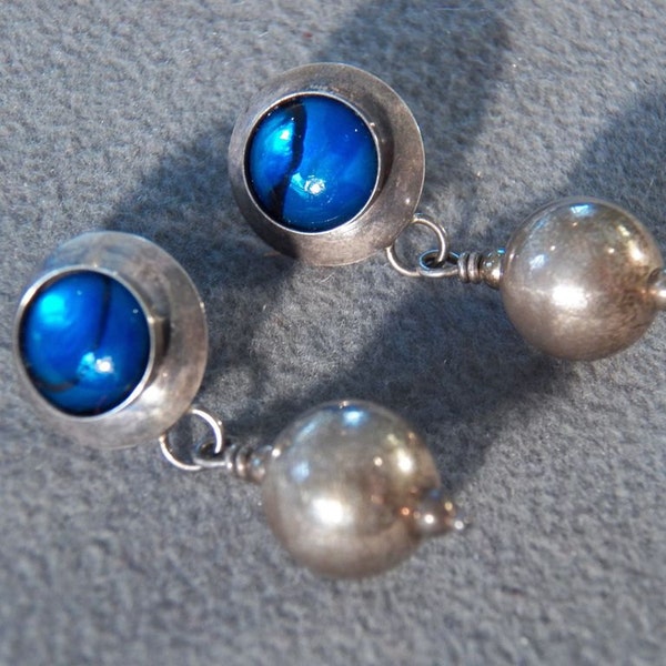 Vintage Sterling Silver Dangle Earrings Set with Blue Art Glass Jewelry **RL