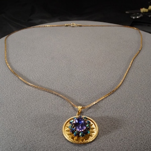 Vintage Art Deco Style Yellow Gold Tone Rhinestone Glass Stone Round Pendant Dangle Necklace Jewelry    K#24