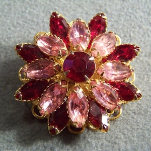 Vintage Yellow Gold Tone Multi Round Marquise Shades pink ruby red rhinestone dome pin brooch **RL