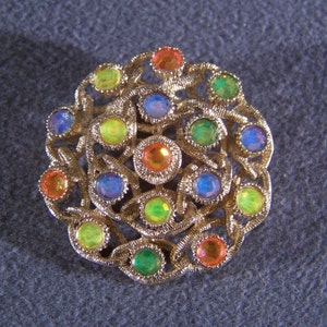 Vintage Yellow Gold Tone Designer Signed Sarah Coventry Multi  Round Colored Aurora Borealis Rhinestone bold  pin brooch    W