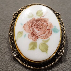 Vintage Victorian Style Yellow Gold Tone Hand Painted Porcelain Pendant Charm Pin Brooch Jewelry -K#22