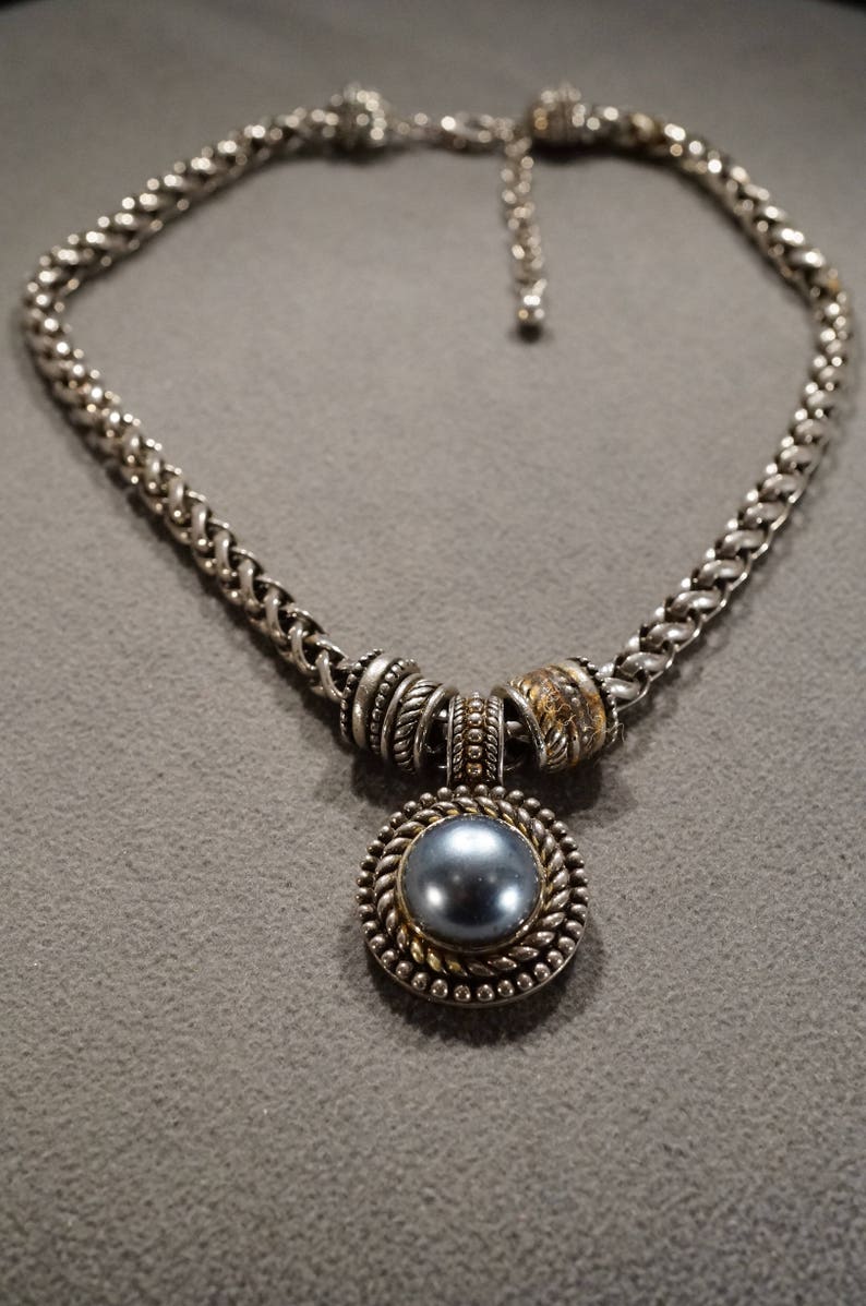 Vintage Art Nouveau Silver Tone Faux Blue Pearl Pendant Dangle Adjustable Line Link Necklace Jewelry K#10